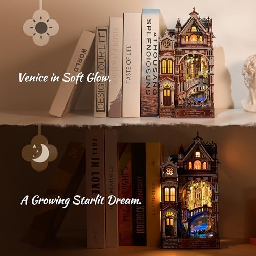 FUNPOLA Venice Night Starlit Book Nook Kit – LED 3D Wood Puzzle with Infinity Mirror – DIY Bookshelf Decor, Miniature Craft Gift for Adults - Image 5