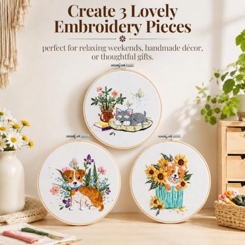 Thinas Embroidery Kit for Beginners Adults, 3 Pack Stamped Dog Embroidery Starter Set with Patterns & Video Tutorial, DIY Sewing Craft Supplies for Dog Lovers, Home Decor Gift Idea - Image 2