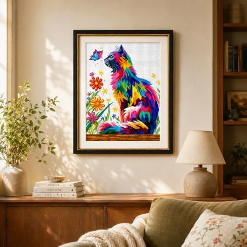 Zhenqing Playful Cat & Butterfly Cross Stitch Kit for Beginners - 11CT Printed 30x40cm Aida Cloth, Colorful Threads & Needle Included (No Hoop/Scissors) (66988) - Image 2