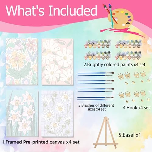 Ycydilirab 4 Pack Flowers Paint by Numbers Kit for Adults with Framed Wooden Easel - Flower Adult Paint by Number,Paint by Number Canvas for Adults Gifts Home Wall Decor 8×12 inch - Image 4