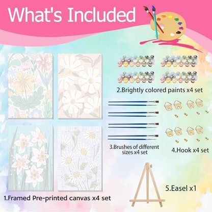 Ycydilirab 4 Pack Flowers Paint by Numbers Kit for Adults with Framed Wooden Easel - Flower Adult Paint by Number,Paint by Number Canvas for Adults Gifts Home Wall Decor 8×12 inch - Image 4