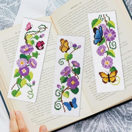 INFUNLY 6pcs Wisteria Floral Cross Stitch Bookmark Kit for Adults DIY Purple Vine Embroidery Bookmark Kits Butterfly Purple Flower Cross-Stitch Pre-Printed Bookmarks with Instructions for Book Lovers - Image 6
