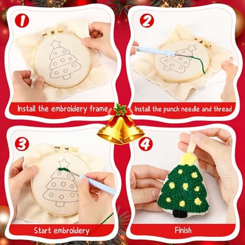 WinnerWhy 6 Pcs Christmas Punch Needle Kit Adults Beginner Keychain Accessories Christmas Punch Needle Embroidery Kit Includes Patterns, Tools, Yarns, Hoop, Instruction, Easy Art Work Decor for Adult - Image 3