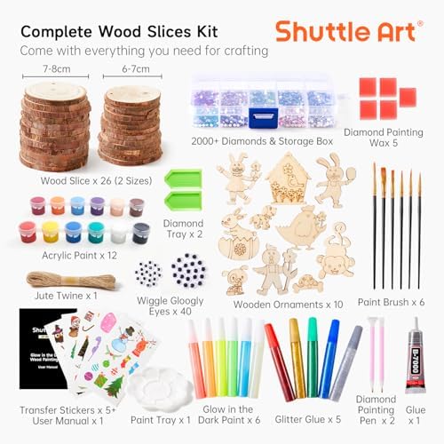 Kids Wood Painting Craft Kit, Glow-in-the-Dark Paint and Diamond Painting on Wood Slices with Stickers & Wiggle Eyes, Ideal Arts and Crafts for Kids Ages 5-12, Gifts for Halloween, Christmas, Birthday - Image 3