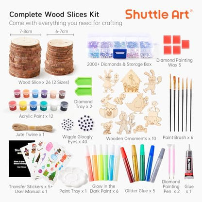 Kids Wood Painting Craft Kit, Glow-in-the-Dark Paint and Diamond Painting on Wood Slices with Stickers & Wiggle Eyes, Ideal Arts and Crafts for Kids Ages 5-12, Gifts for Halloween, Christmas, Birthday - Image 3