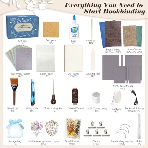 Ecoofor Bookbinding Kit for Beginners, 167 PCS 4 Pack Book Making Kit with A5 Paper, Book Cloth, Awl & Tools, Pressed Flowers & Heat Transfer Film, Gift-Ready Box with Video Tutorials - Image 2