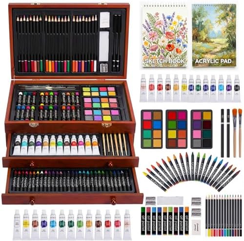 TMOL Art Supplies, 175-Pack Deluxe Art Set Drawing Painting Kit with 2 Drawing Pads, Acrylic Paints, Colored Pencils, Crayons, Art Kit in Wooden Case, Gift for Artist, Adults, Teens and Kids by TMOLARTSUPPLIES