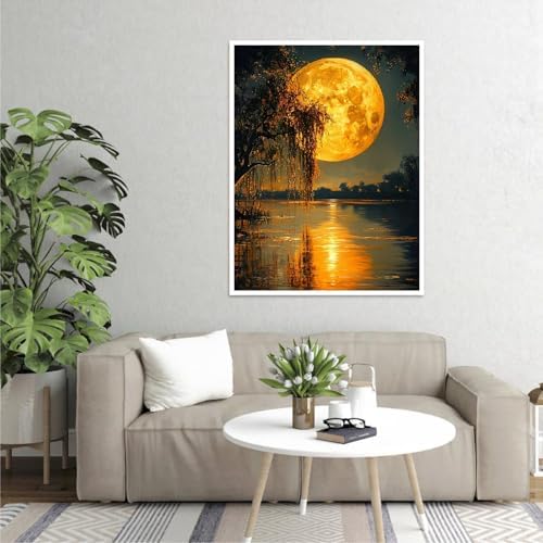 Clendo DIY Moon Paint by Numbers Kit for Adults, Landscape Adult Paint by Number Kits on Canvas Without Frame, Lake View Oil Paint by Numbers for Home Decor Gift 16” W x 20”L - Image 6