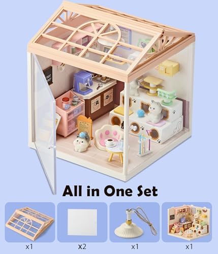 Cat Cafe DIY Miniature House Kit for Adults, 3D Dollhouse with LED Light & Dustproof Door, Stackable Connectable Display Case, Creative Gift for Coffee & Cat Lovers Teens Women - Image 5
