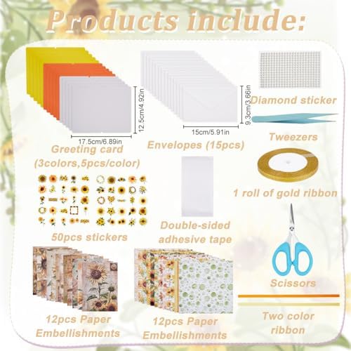 WEBEEDY 15 Sets DIY Greeting Card Kit Handmade DIY Card Making Kits Includes 15 Blank Cards 15 Envelopes for DIY Craft,Sunflower Thank You Cards Making for Christmas Birthday Wedding Invitation - Image 2