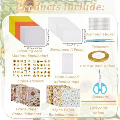 WEBEEDY 15 Sets DIY Greeting Card Kit Handmade DIY Card Making Kits Includes 15 Blank Cards 15 Envelopes for DIY Craft,Sunflower Thank You Cards Making for Christmas Birthday Wedding Invitation - Image 2