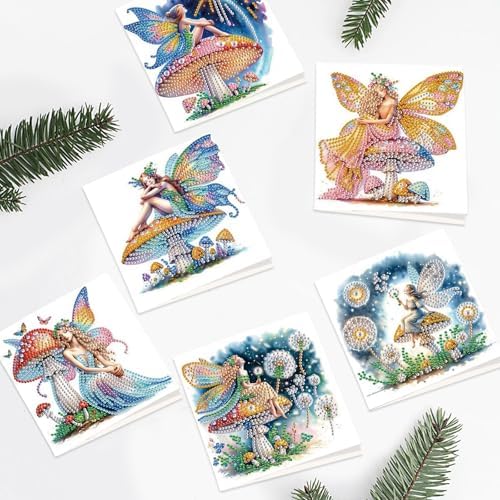 Tontut 6pcs Diamond Art Painting Kit Greeting Card, Genie on Mushroom 5D DIY Diamond Handmade Holiday Greeting Card with Envelope, Holiday Gift Congratulation - Image 5