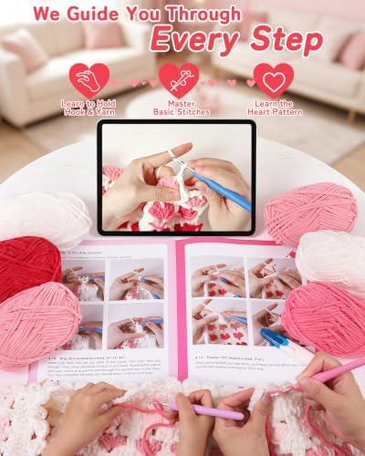 Arborthread Crochet Blanket Kit for Beginners Ombre Pink Heart Pattern - Image 5