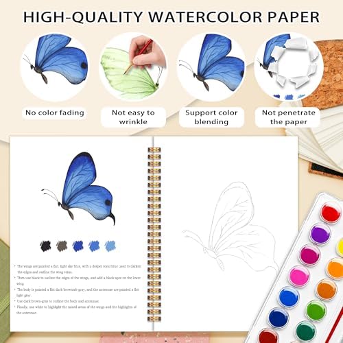 Butterfly Watercolor Workbook, Water Coloring Book, Easy 12 Patterns Watercolor Kit for Beginners, 18 Colors Watercolors Paint Set, Relaxing DIY Art Gift for Adults and Women Teen - Image 3