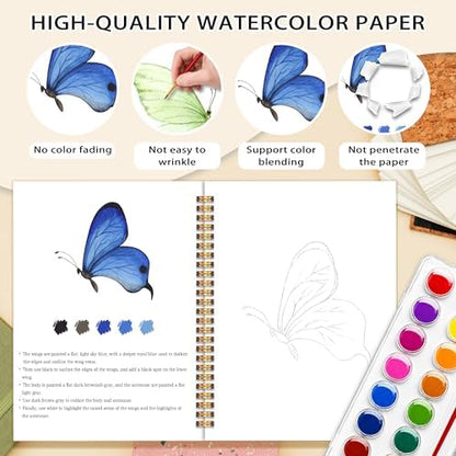 Butterfly Watercolor Workbook, Water Coloring Book, Easy 12 Patterns Watercolor Kit for Beginners, 18 Colors Watercolors Paint Set, Relaxing DIY Art Gift for Adults and Women Teen - Image 3