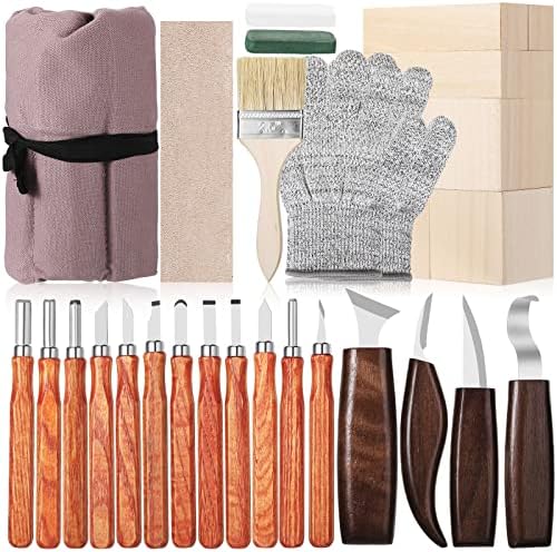 30 Pcs Wood Carving Tools Whittling Kit Include Hand Carving Knife Set Wood Blocks Cut Resistant Gloves Sawdust Brush Sharpening Stone Polishing Wax Sharpening Leather Storage Bag for Beginners by Lasnten