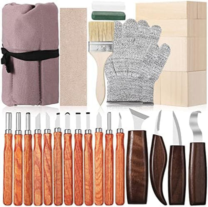 30 Pcs Wood Carving Tools Whittling Kit Include Hand Carving Knife Set Wood Blocks Cut Resistant Gloves Sawdust Brush Sharpening Stone Polishing Wax Sharpening Leather Storage Bag for Beginners by Lasnten
