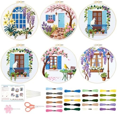 BEUNITONE 6 Set Flowers Embroidery Kit for Beginners Vintage Garden Scene Pre-Stamped Pattern, Needlepoint Kits for Adults Beginners, DIY Handmade Embroidery for Home Decor and Gifts 20x20cm by BEUNITONE