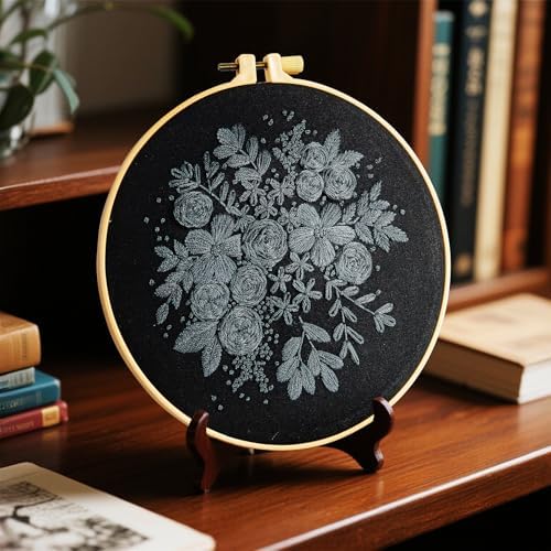 Crafmanoe Embroidery Kits for Beginners Adults, Black Flowers Embroidery Starter Kits, Counted Cross Stitch Kits for Beginners Adults Hobbies Set for Women, Embroidery Hoops, Thread and Video Tutorial - Image 7