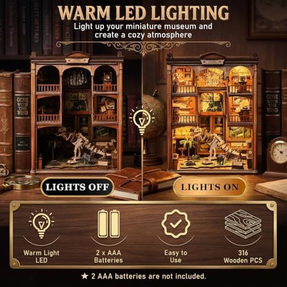 Book Nook Kits for Adults, 3D DIY Miniature Wooden Puzzle with LED Light, Adult Crafts Kits, House Bookshelf Decor, 316 Pieces Model Building Gift for Adults & Teens (Dinosaur Fossil Museum) - Image 4
