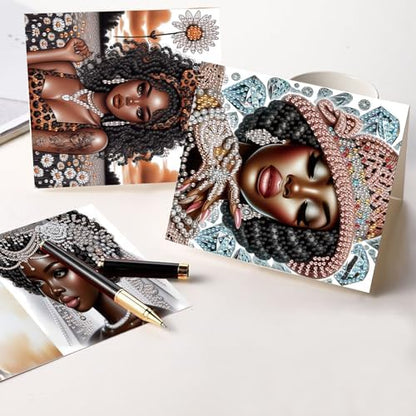 6 Pcs 5D Rhinestone Painting Greeting Cards Kits, Handmade Festival Greeting Cards with Envelopes Laser Effect DIY Diamond Art Crafts Birthday Cards for Birthdays Celebrations (Elegant African) - Image 5
