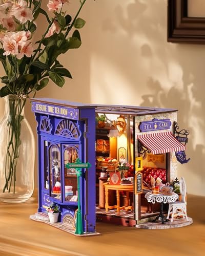 ROBOTIME DIY Miniature House Kit, Bakery Diorama House, Tiny House Kit for Adults, Mini Dollhouse Kit with Furniture Birthday Christmas Craft Hobbies Gift for Family/Friends (Leisure Time Tea Room) - Image 5