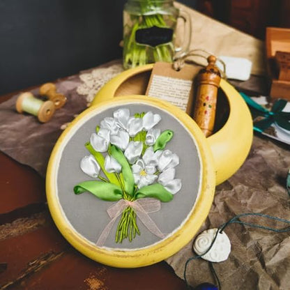 FONNUY Ribbon Embroidery 3D Flowers Pattern Design Kit Embroidery DIY Handwork Set Oval Home Decoration (White Tulip) - Image 3