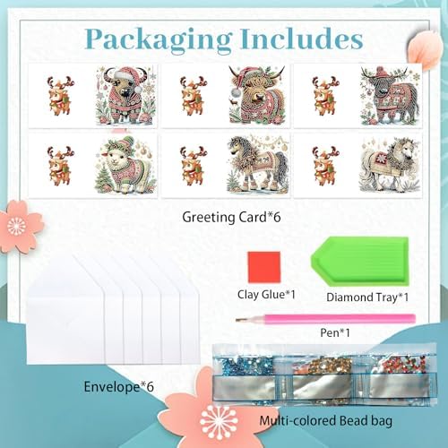 jinglinhh 6pcs Christmas Yak Horse Sheep Diamond Art Painting Greeting Cards with Envelopes, DIY Card Making Kits for Adults, Diamond Art Postcards Christmas Cards Craft Gifts - Image 3