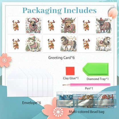jinglinhh 6pcs Christmas Yak Horse Sheep Diamond Art Painting Greeting Cards with Envelopes, DIY Card Making Kits for Adults, Diamond Art Postcards Christmas Cards Craft Gifts - Image 3