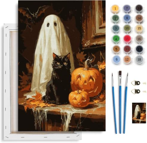 Spandrel Halloween Ghost Framed Paint by Numbers Kit for Adult, Black Cat Paint by Number Kits on Canvas, DIY Acrylic Oil Pumpkin Painting by Numbers for Home Wall Decor, 8x12in by Unknown