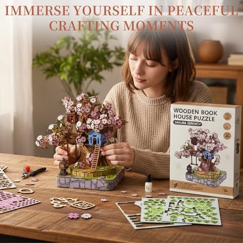 Sakura Tree House DIY Miniature House Kit for Adults, 564PCS 3D Wooden Puzzle with Light, Japanese Cherry Blossom Building Set, Wooden Craft Model Home Decor Gift - Image 5