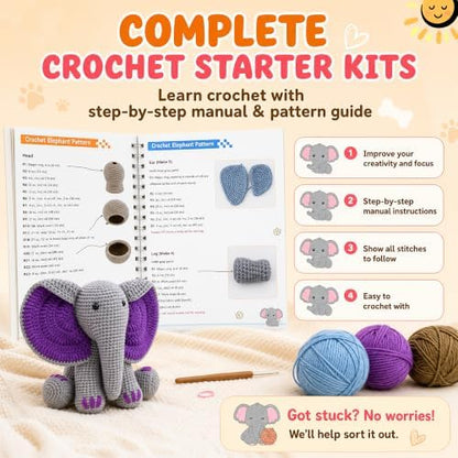 JYZJDKE Crochet Kit for Beginners Adults - DIY Amigurumi Elephant Knitting Starter Kit with Yarn Sets, Crochet Animal Kit Cute Stuffed Animal Craft Birthday Gifts (Grey Purple+Coffee Blue Elephant) - Image 5