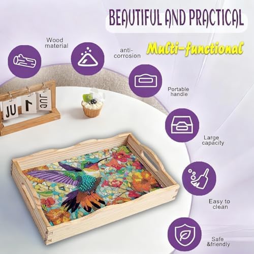 EWJRNSF 5D Diamond Painting Flowers Diamond Art Kits for Adults Wooden Serving Trays with Handles Big Gem Arts and Craft Gifts Trays Decor Gift Home Decor 9.8x13.8 Inches Hummingbird - Image 4