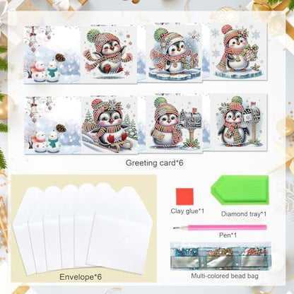 Focart Christmas Penguin Greeting Cards, Set of 6, Special Shaped Diamonds Painting, DIY Handcraft for Relatives and Friends with Wishes,Unique Design Crafting for Birthday or Holiday Cards - Image 3