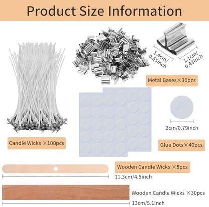 205 Pcs Candle Wicks Kit - 50 Wooden Wicks with Iron Stands, 100 Cotton Wicks & 100 Wick Stickers, Naturally Smokeless Cores for DIY Candle Making - Image 2