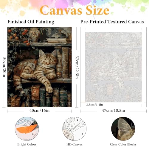 Paint by Numbers Kit for Adults, Sleeping Cat & Bookshelf, 16x20 Inch - Image 2