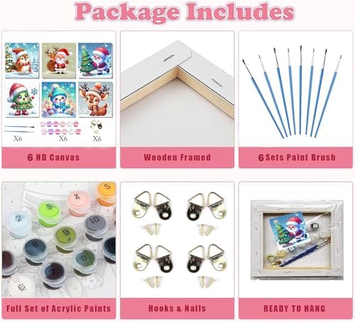 6 Pack Christmas Framed Paint by Numbers for Adults, Easy Acrylic Cartoon Painting by Number Kits on Canvas, Christmas Painting by Numbers Kits, Adults' Paint-by-Number Kits for Home Wall Decor 8x8in - Image 5