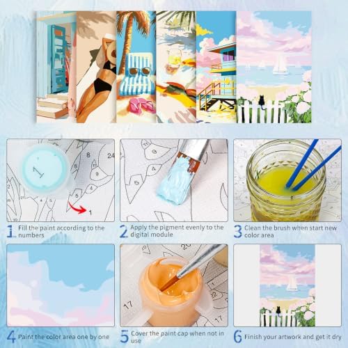 GEEHEIY 6 Pack Paint by Numbers Kit for Adults, Coastal Beach, 8 x 12 Inch - Image 5
