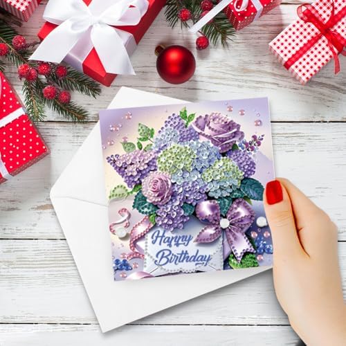 6 Pcs Diamond Painting Greeting Cards Kit Birthday Hydrangea Rose Flower with Envelopes, 5D DIY Special Shaped Rhinestone Art Card Making Kits for Adults, Holiday Blessing Postcards Craft Gifts - Image 2