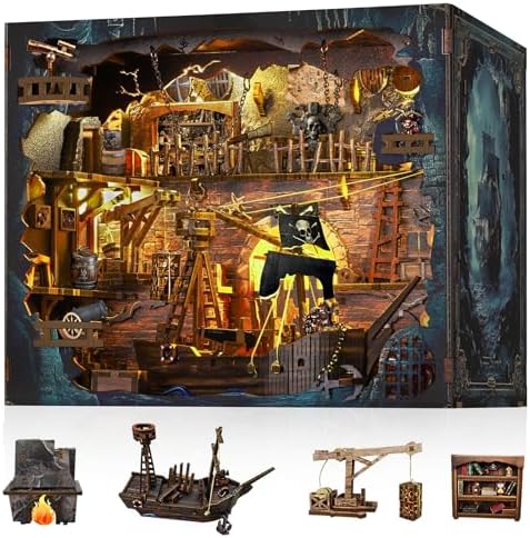 NookMaster Book Nook Kit – 3D Wooden Puzzle with Interactive LED Lights, DIY Miniature Decor for Adults & Teens, Enchanting Storytelling Bookshelf Insert（Pirate Bay） by Follow
