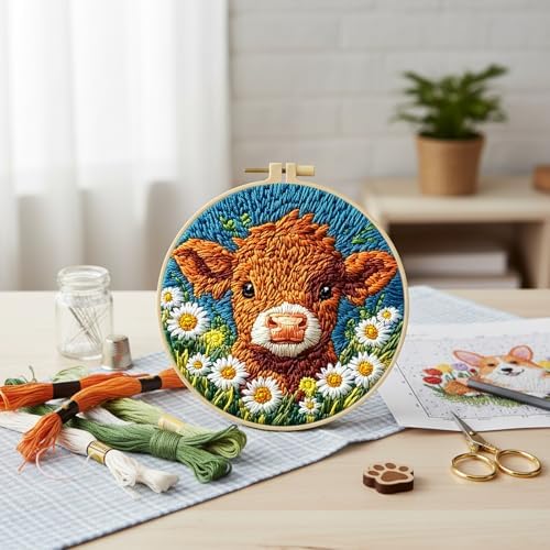 FRANDEK DIY Flower Cow Stamped Embroidery Kit with Hoop for Adults - Image 4