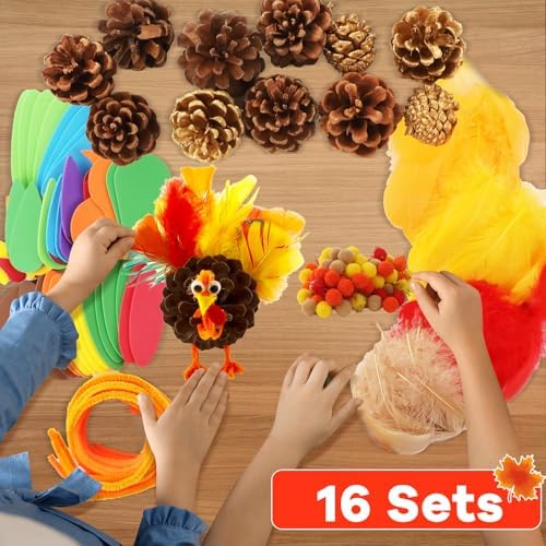 Qyeahkj Thanksgiving Pinecone Trukey Craft Kit for Kids (Makes 16), Fall Crafts Ornament for Kids Teens Adults Thankful Dinner Party Activity Supplies Classroom Project Table Centerpiece Decorations - Image 4