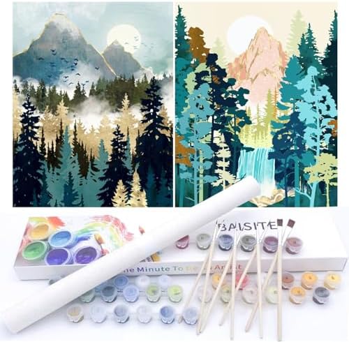 BAISITE Paint by Numbers Kit for Adults Beginners,12" Wx16 L 2 Pack Canvas for Painting Kits for Adults in Colorful Box-Sunrise Mountains Waterful 7172 by PaintbyNumbersKitsforAdults