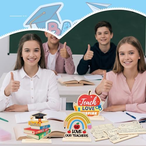 Yuntau 24 Pcs Color Your Own Teacher Appreciation Crafts Bulk Back to School Gifts First Day of School DIY Wooden Desktop Signs to Paint Classroom Crafts Kit for Thank You Teacher - Image 5