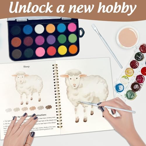 Watercolor Workbook, Water Coloring Book, 12 Different Patterns of Original DIY Designs, 18 Colors Watercolor Set, Beginner-Friendly Watercolor Workbooks (Animals), Perfect Gifts for Adults - Image 5