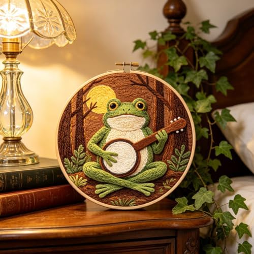 INFUNLY Forest Frog Punch Needle Kits 8.27 Inch Round Frog Playing Banjo Needle Punch Craft Kit with Hoop Tools Yarns Instruction for Folk Music Lovers DIY Home Decor - Image 5