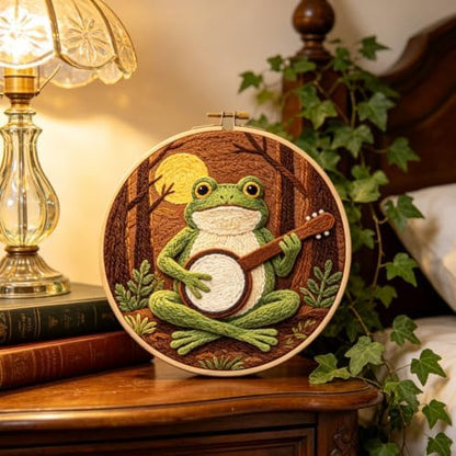 INFUNLY Forest Frog Punch Needle Kits 8.27 Inch Round Frog Playing Banjo Needle Punch Craft Kit with Hoop Tools Yarns Instruction for Folk Music Lovers DIY Home Decor - Image 5