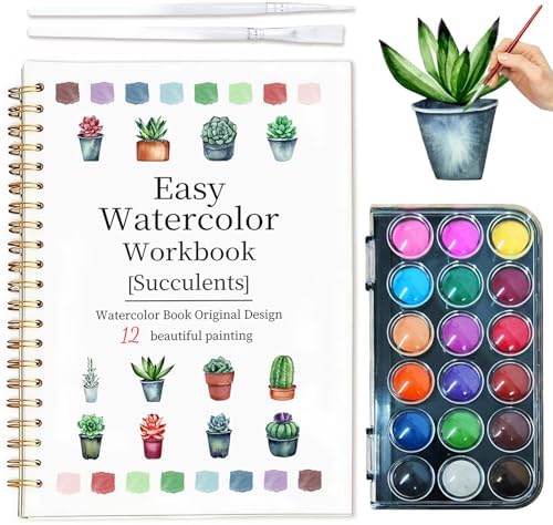 Easy Watercolor Workbook for Beginners - 12 Beautiful Step-by-Step Paintings Water Coloring Book, Includes 18 Colors Paints, Relaxing Art Projects and Creative Gift for Adults & Teen (Succulents) by Yangmics+Direct