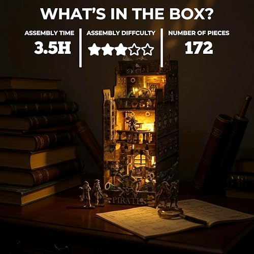 Dreams Delivery Book Nook Kit, Pirate Ship 172-Piece DIY LED Miniature House Kit, 3D Wooden Puzzle BookNook Kit for Adults, Home Model Building Kit for Book Lovers & Beginners, Bookshelf Decor - Image 3