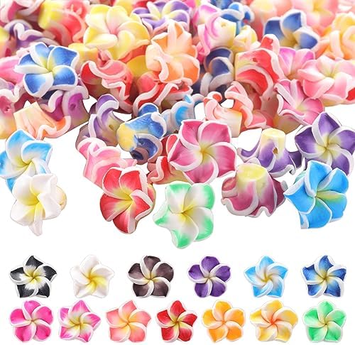 SUNNYCLUE 100Pcs Plumeria Beads Polymer Clay Flower Beads Bulk Handmade Hawaiian Plumerias Flowers 12x8mm Flat Back Floral Charms Summer Colorful 3D Loose Spacers for Jewelry Making Beading Kit by SUNNYCLUE